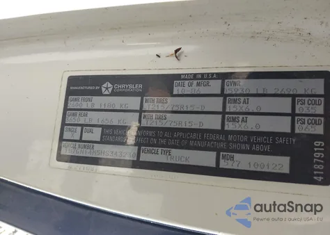 1987 Dodge Dakota z USA, uszkodzony, nr VIN 1B7GN14M5HS343230